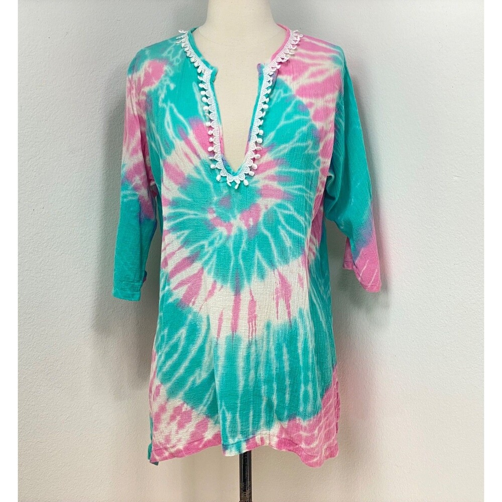 Pink & Blue Tye Dye Cotton Gauze Swimsuit Cover Up Tunic Top Small 3/4 Sleeves